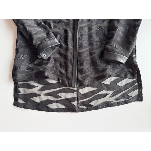 HELMUT LANG Black Sheer Silk Jacquard Leather Trim V-Neck Shirt Blouse, Size M - Picture 7 of 12